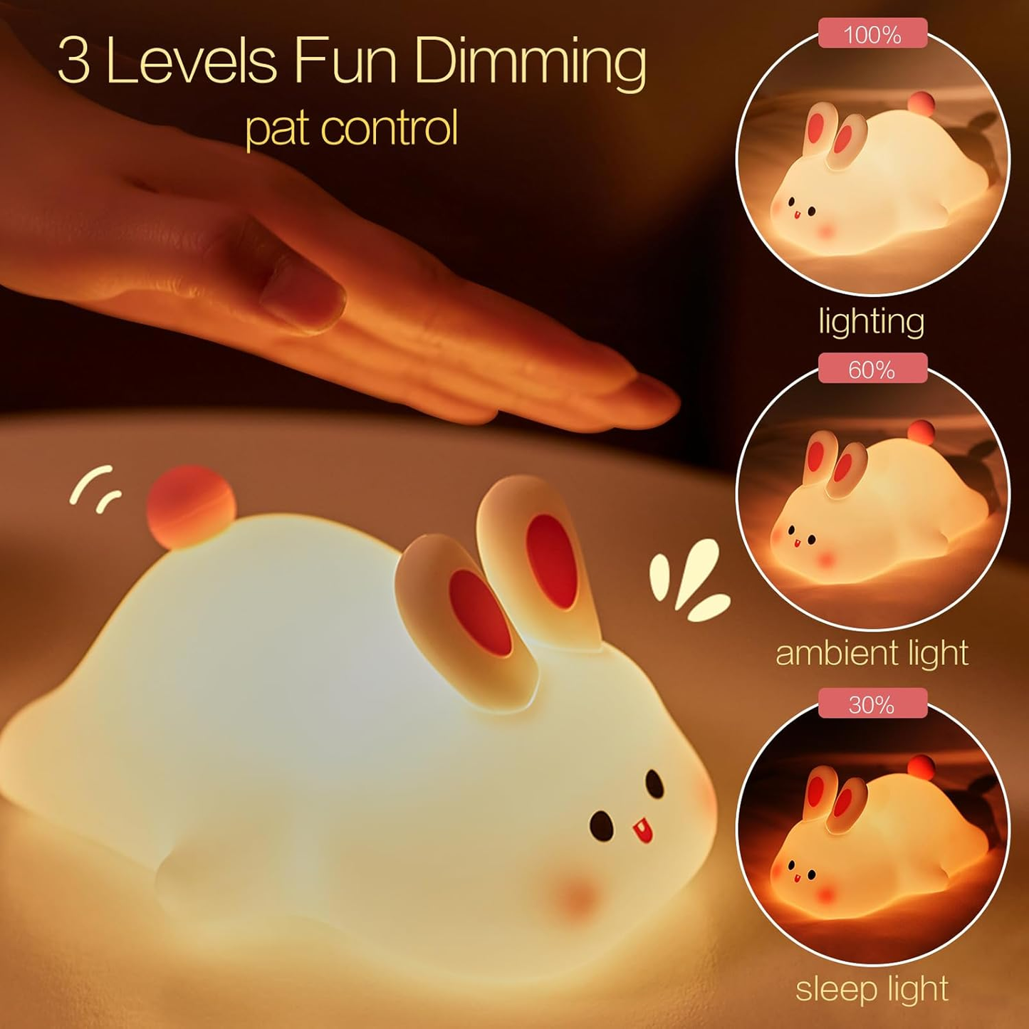 Rabbit Silicone Night Light with Touch Control and Adjustable Brightness for Kids