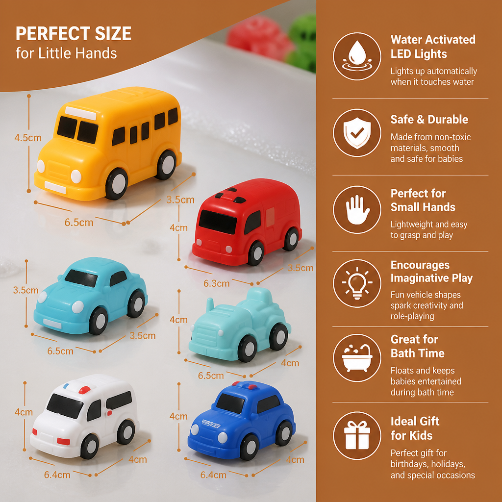 Glowing Bath Toy Cars with Water Activation and Multiple Vehicle Shapes