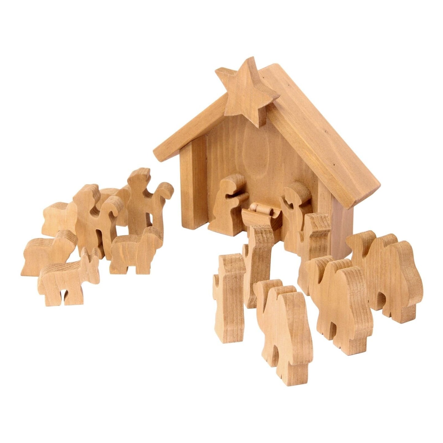Wooden Nativity Manger Scene with 14 Figures and Stable Display