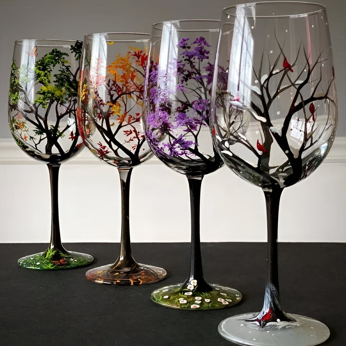 Hand Painted Wine Glasses with Seasonal Tree Artwork, Dishwasher Safe