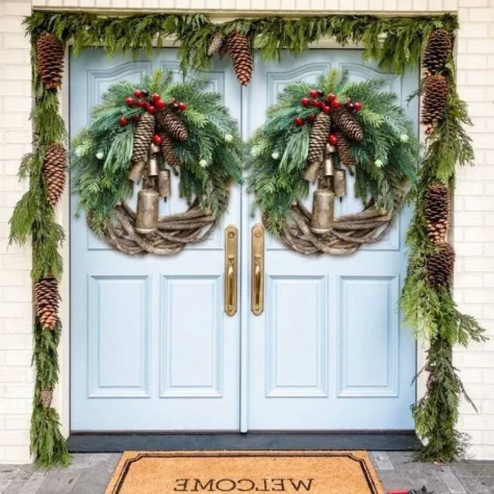 Farmhouse Christmas Wreath for Front Door, Handmade Boho Holiday Wreath with Pinecones and Bells
