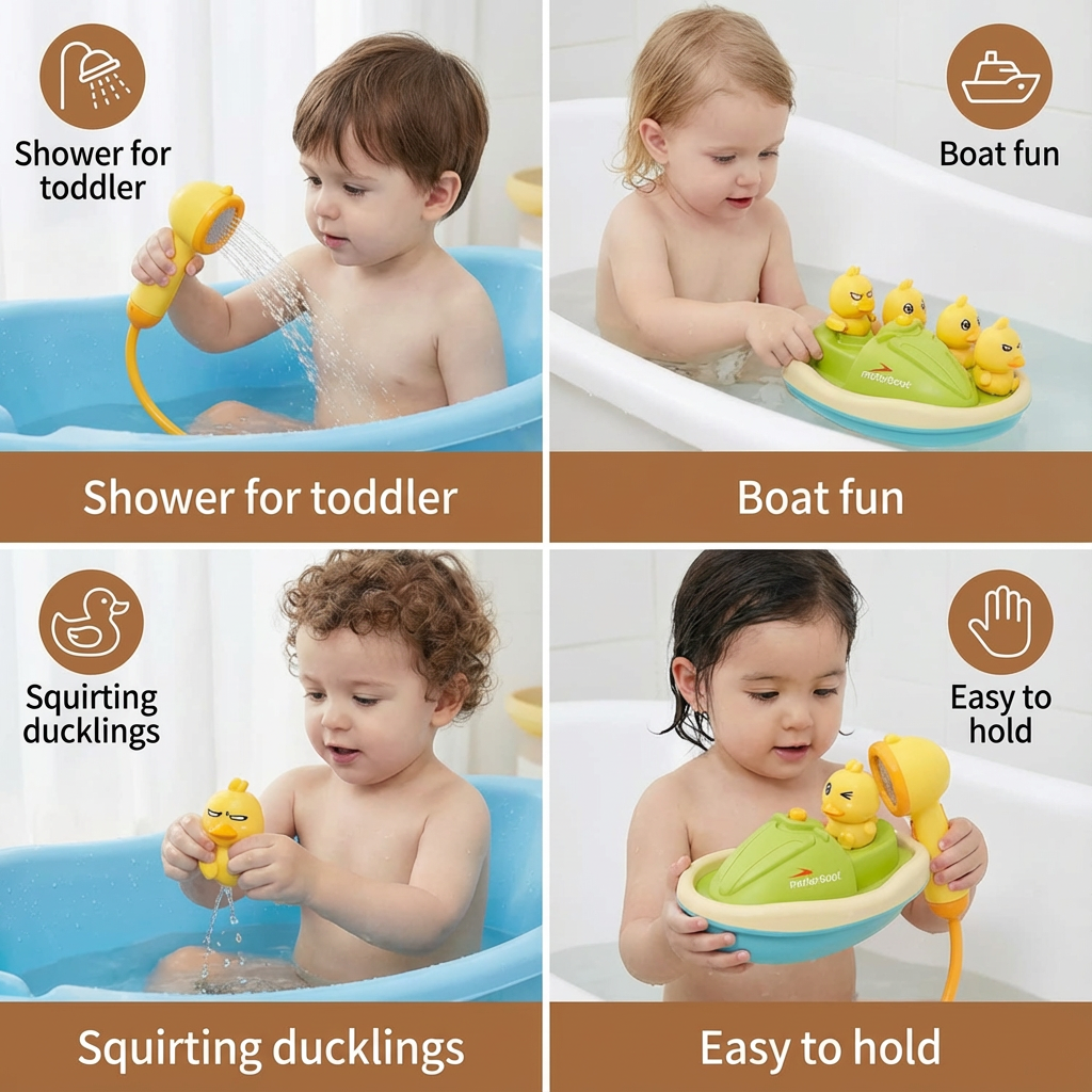 Bath Toy Set with Squirting Ducks and Motorized Boat, Shower Head Included
