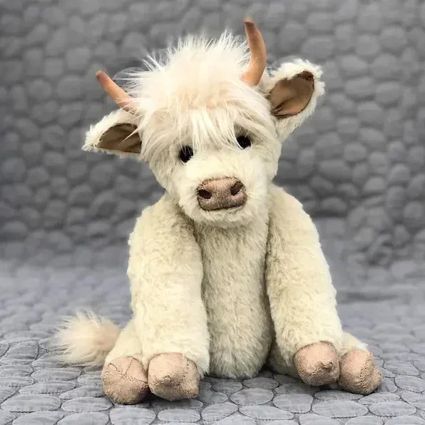 Posable Highland Cow Plush with Alpaca Fur and Flower Crown