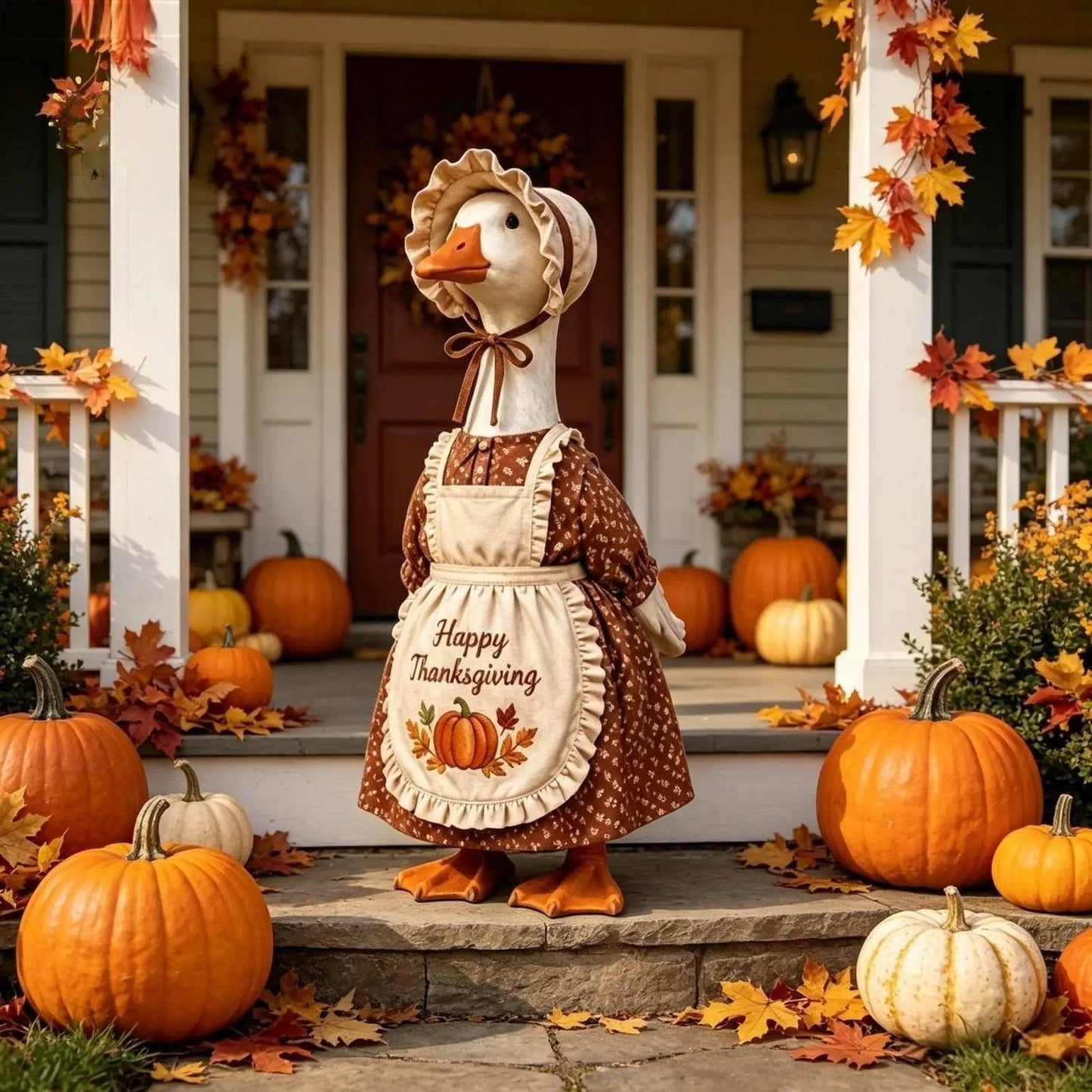 23 Inch Porch Goose Outfit Set, 2 Piece Thanksgiving Pumpkin Print Dress and Ruffled Hat for Fall Outdoor Decor