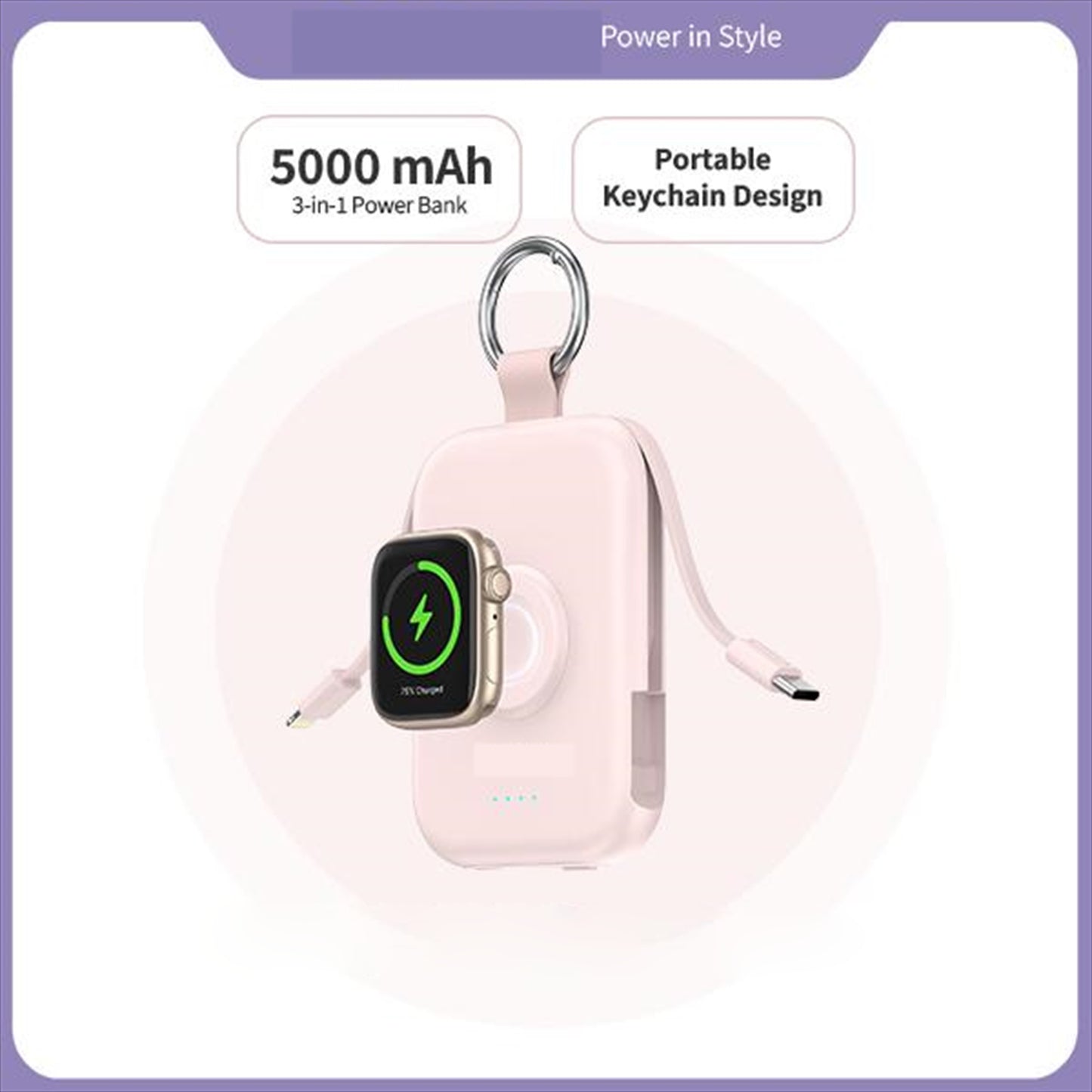 5000mAh Portable Power Bank, Compact Charger with Built In Cables for iPhone Apple Watch AirPods and Travel
