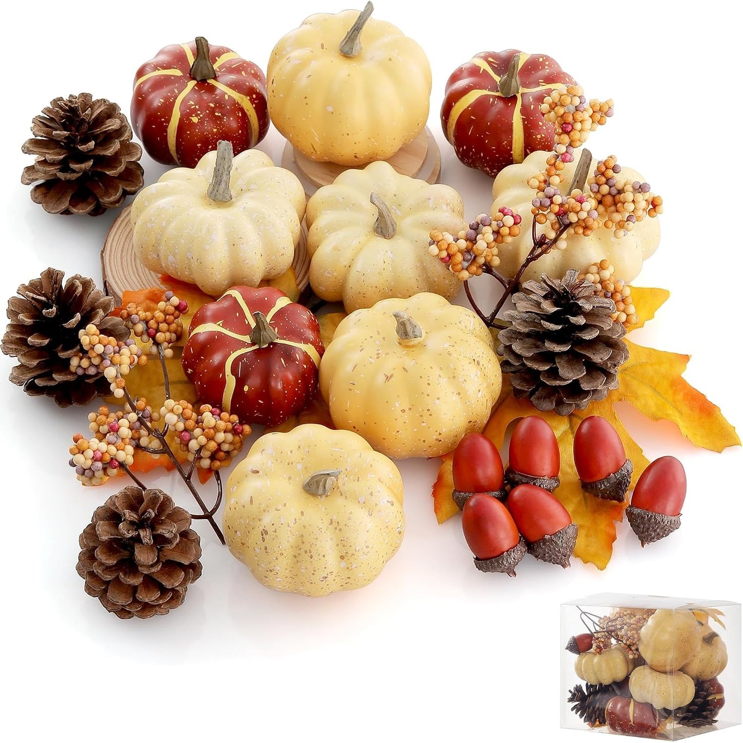 23 Pcs Fall Harvest Pumpkin Decor Set, 8 Pcs Cracked Pumpkins, Thanksgiving Bowl Fillers for Tiered Tray, Table Centerpiece and Autumn Home Decor