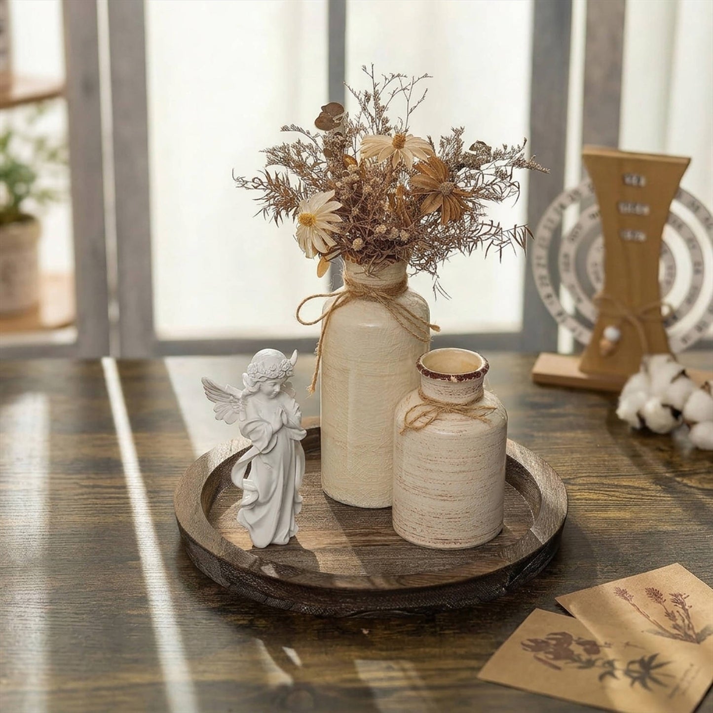Round Wooden Candle Holder Tray, Distressed Finish Decorative Centerpiece for Coffee Table, Rustic Farmhouse Home Decor
