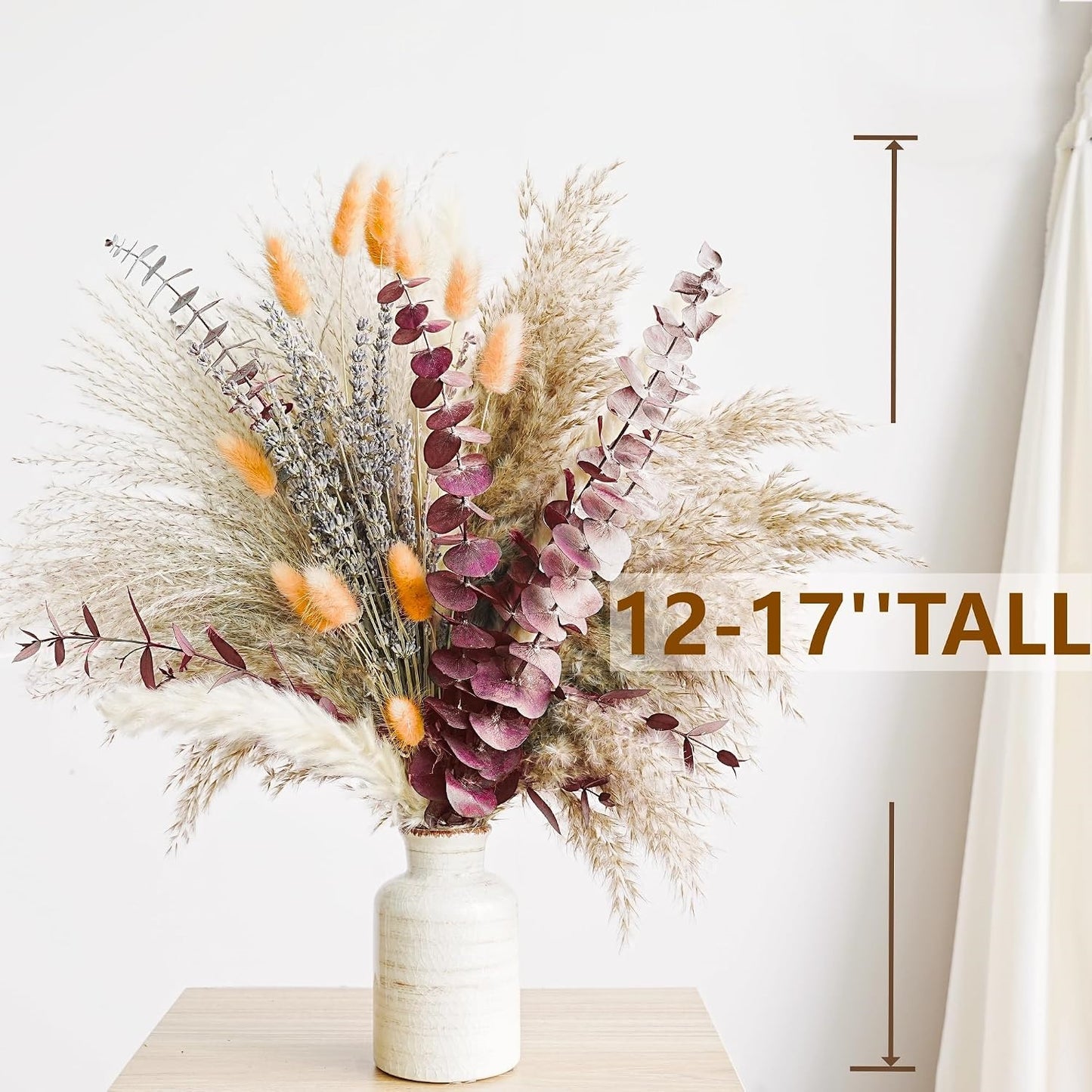 Fall Dried Flower Bouquet, Pampas Grass, Orange Bunny Tails, Lavender and Red Eucalyptus, Boho Autumn Floral Decor for Home and Thanksgiving