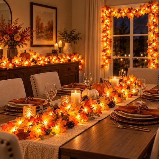 3 Pack 8.2 Ft Lighted Maple Leaf Garland, 60 LED Autumn Leaf Vines for Thanksgiving, Mantel, Fireplace and Home Fall Decor