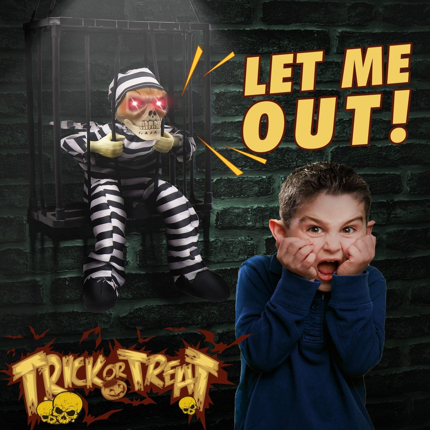 Animated Skull Prisoner with Motion Sensor Lunge and Red LED Eyes for Halloween