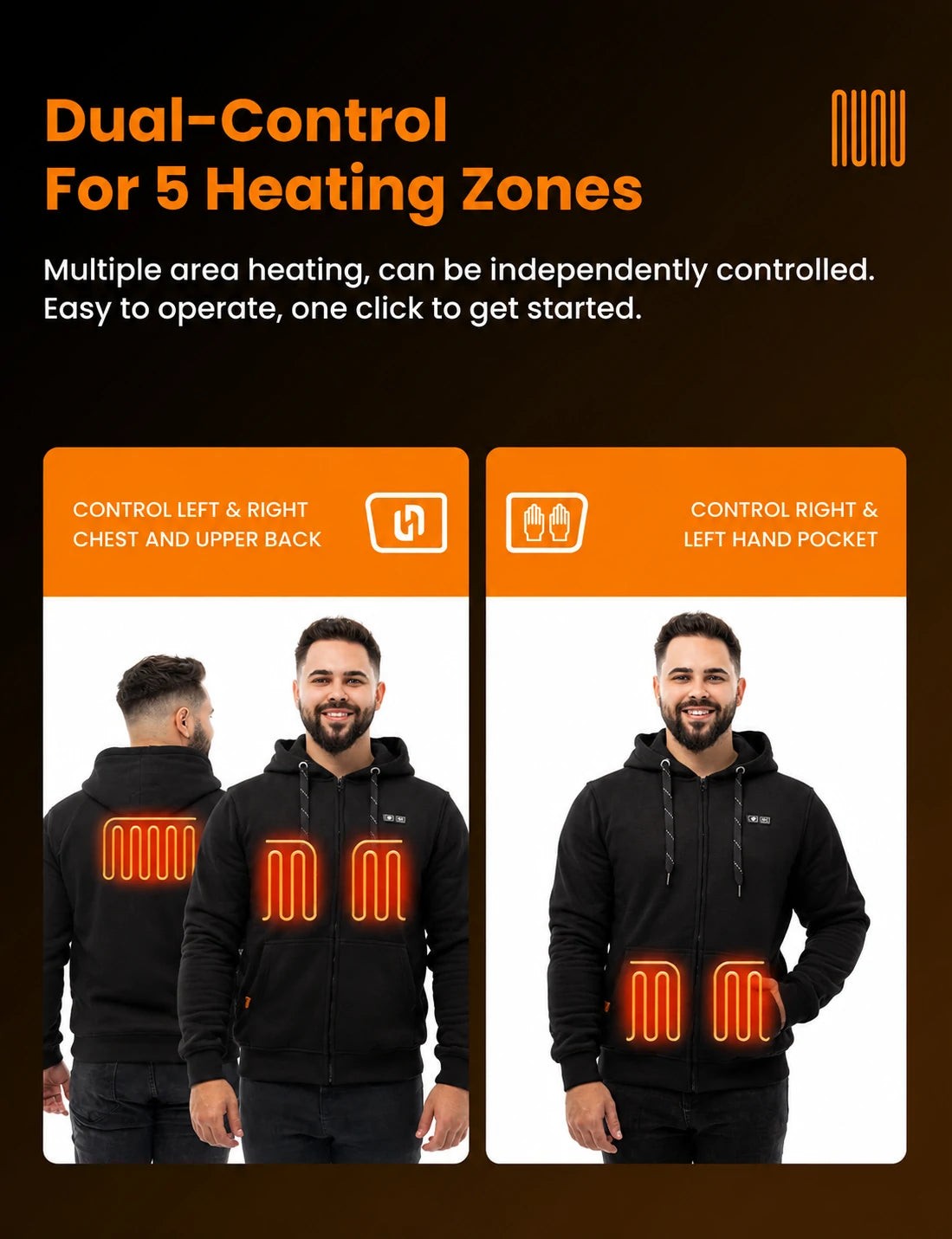Mens Electric Heated Zipper Sweatshirt with Rechargeable Battery Pack and Dual Heating Zones