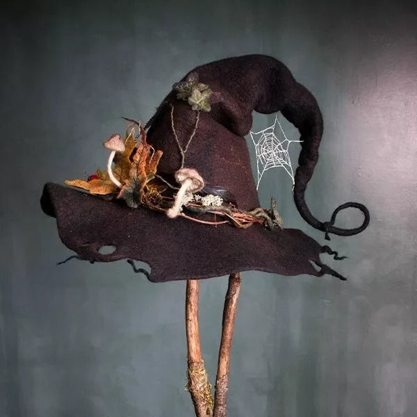 Felt Witch Hat with Chiffon Trim and Adjustable Fit, Handmade Wool, Storage Pouch
