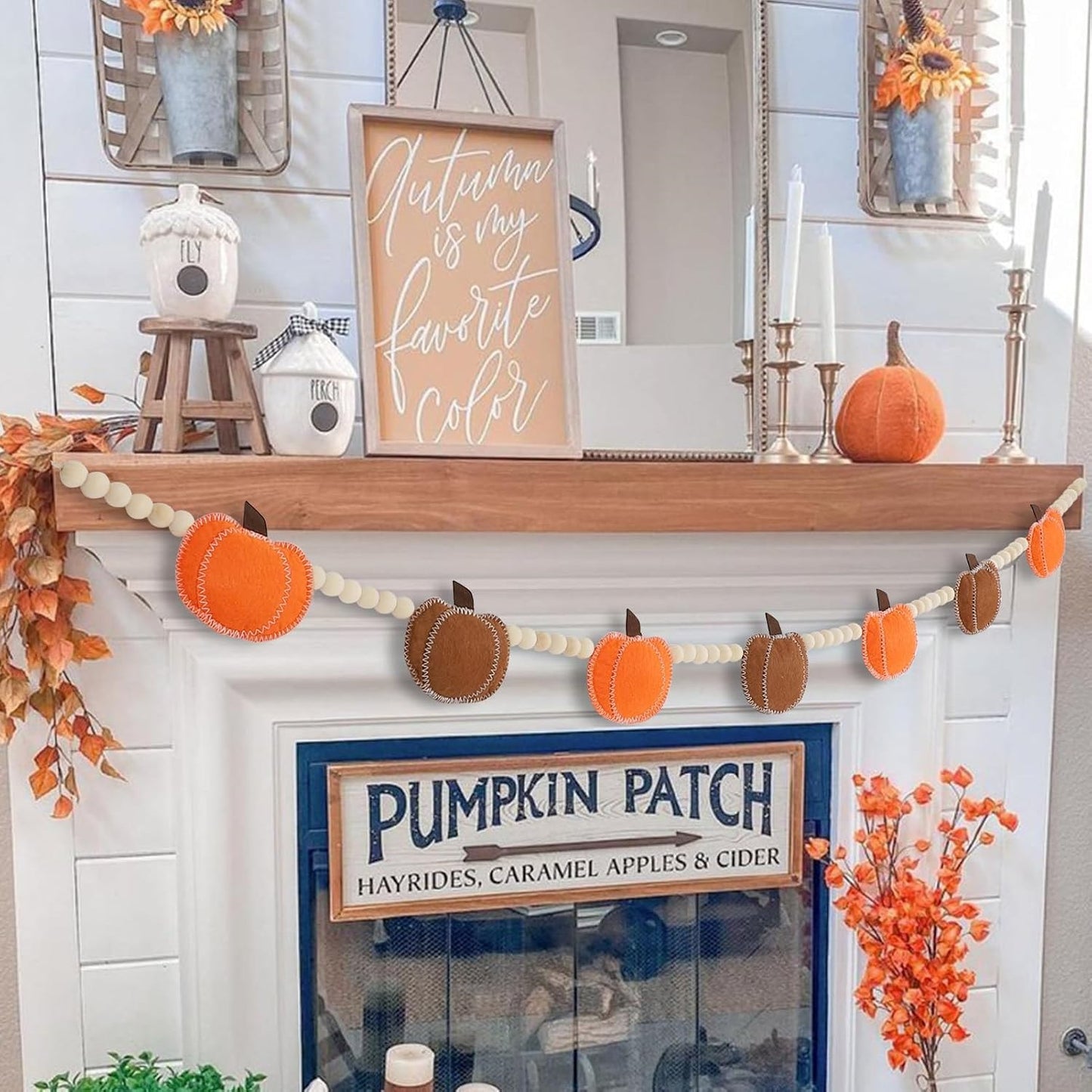 Felt Pumpkin Bead Garland, Fall and Thanksgiving Decorations for Mantel, Fireplace, Table Centerpiece and Autumn Home Decor