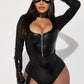 Womens Black Cat Hero Costume Set with Gloved Bodysuit and Garter Belt