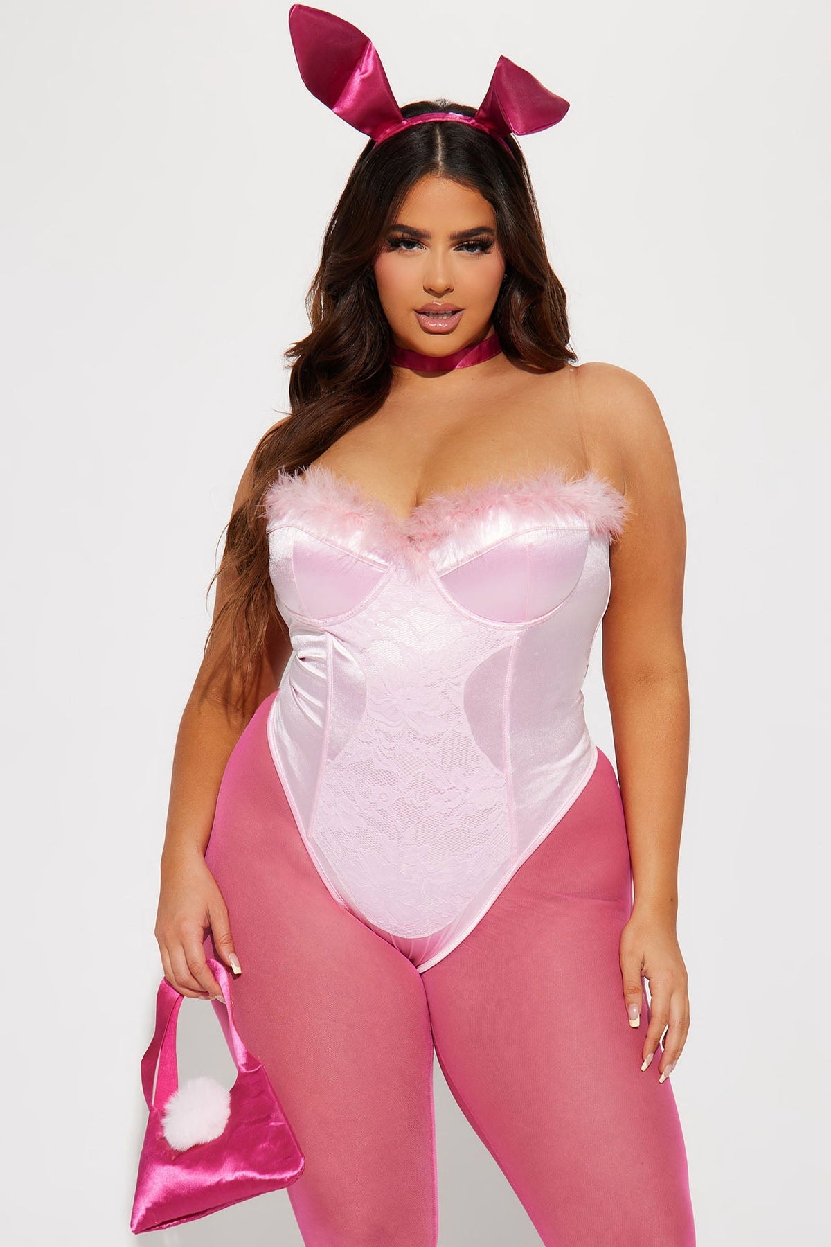 Womens Pink Bunny Costume Set with Faux Fur Trim Bodysuit and Sheer Leggings