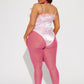 Womens Pink Bunny Costume Set with Faux Fur Trim Bodysuit and Sheer Leggings