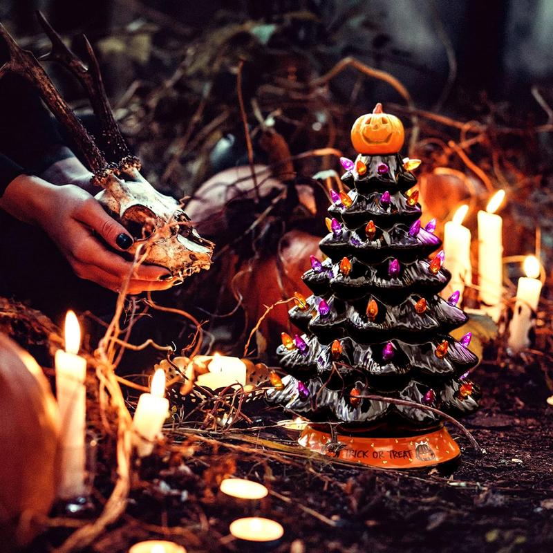 LED Ceramic Holiday Tree with Purple and Orange Beads and Hand-Painted Finish