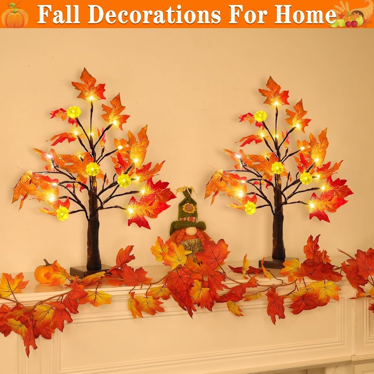 2 Pack 18 Inch Prelit Fall Maple Trees, 48 LED Lighted Maple Leaf Trees for Thanksgiving Table and Autumn Home Decor