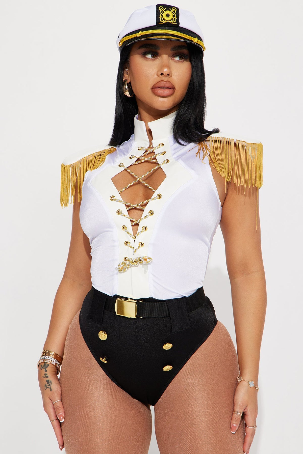 Womens Sailor Captain Costume Set with Fringe Shoulder Bodysuit