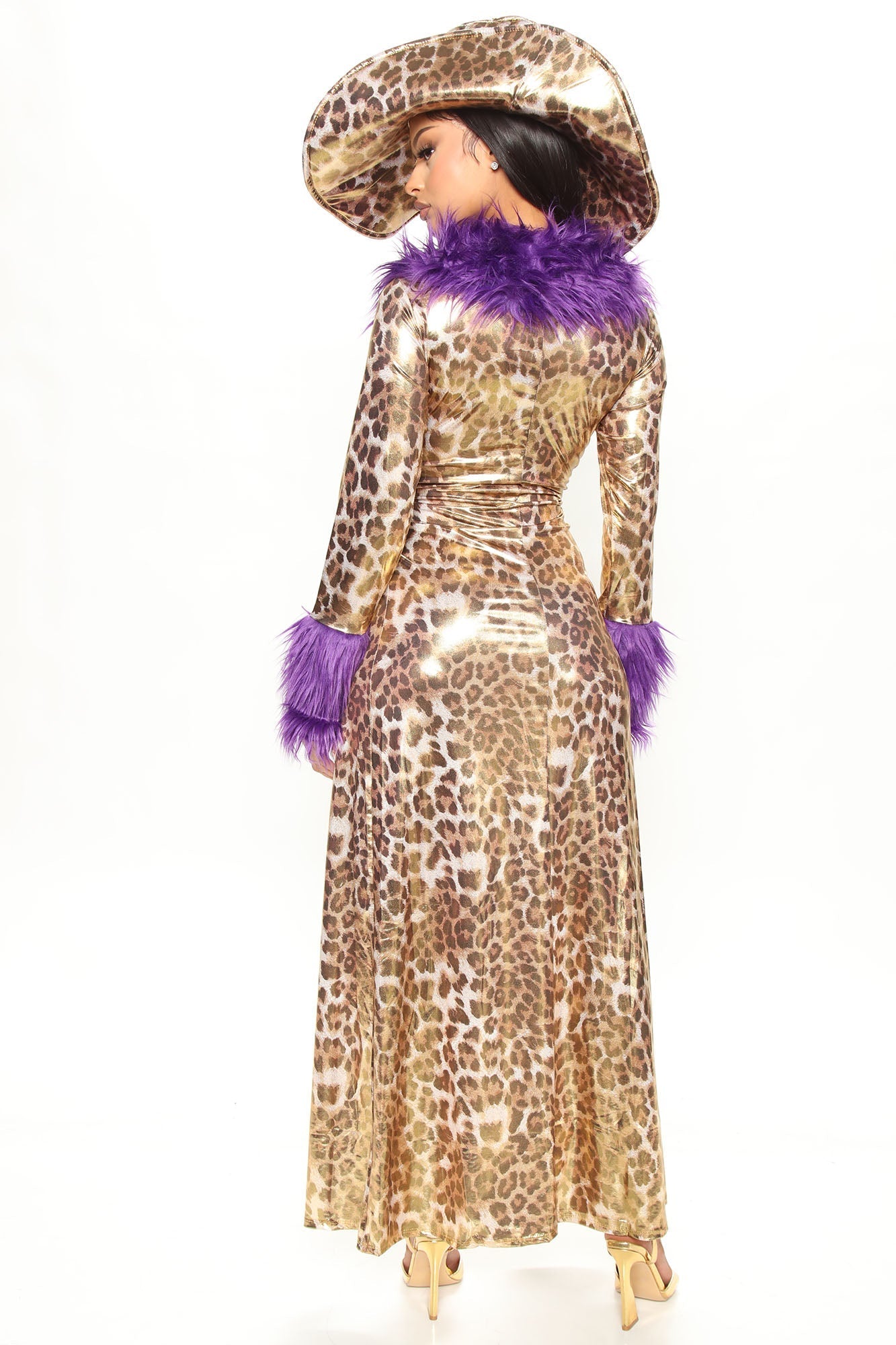 Womens Money Themed Costume Set with Faux Fur Trim Coat and Shorts