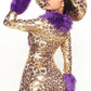 Womens Money Themed Costume Set with Faux Fur Trim Coat and Shorts