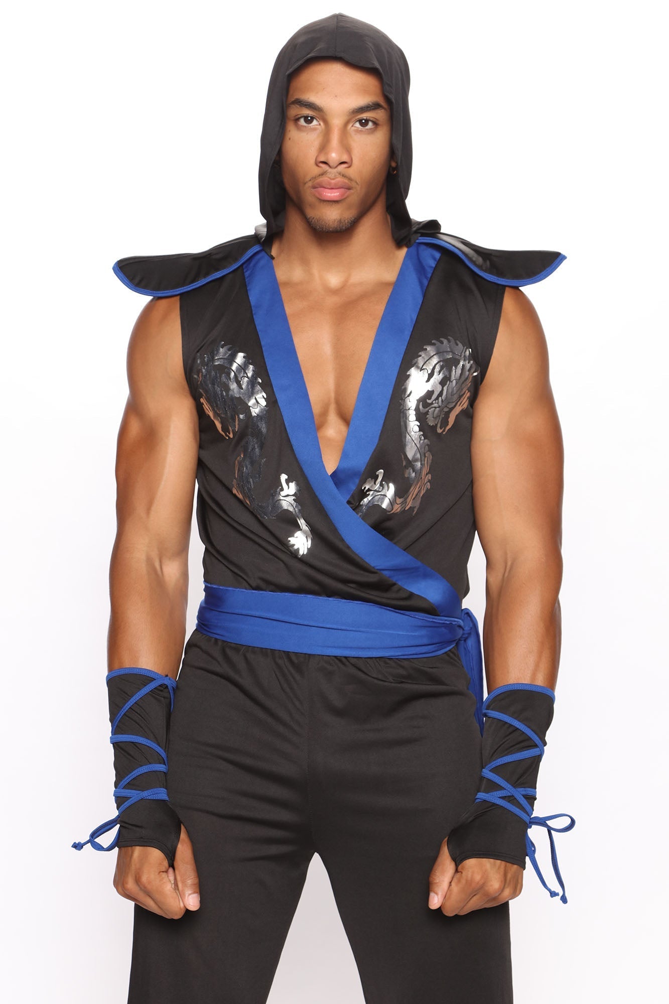 Mens Dragon Ninja Costume Set with Hooded Tunic and Gauntlets