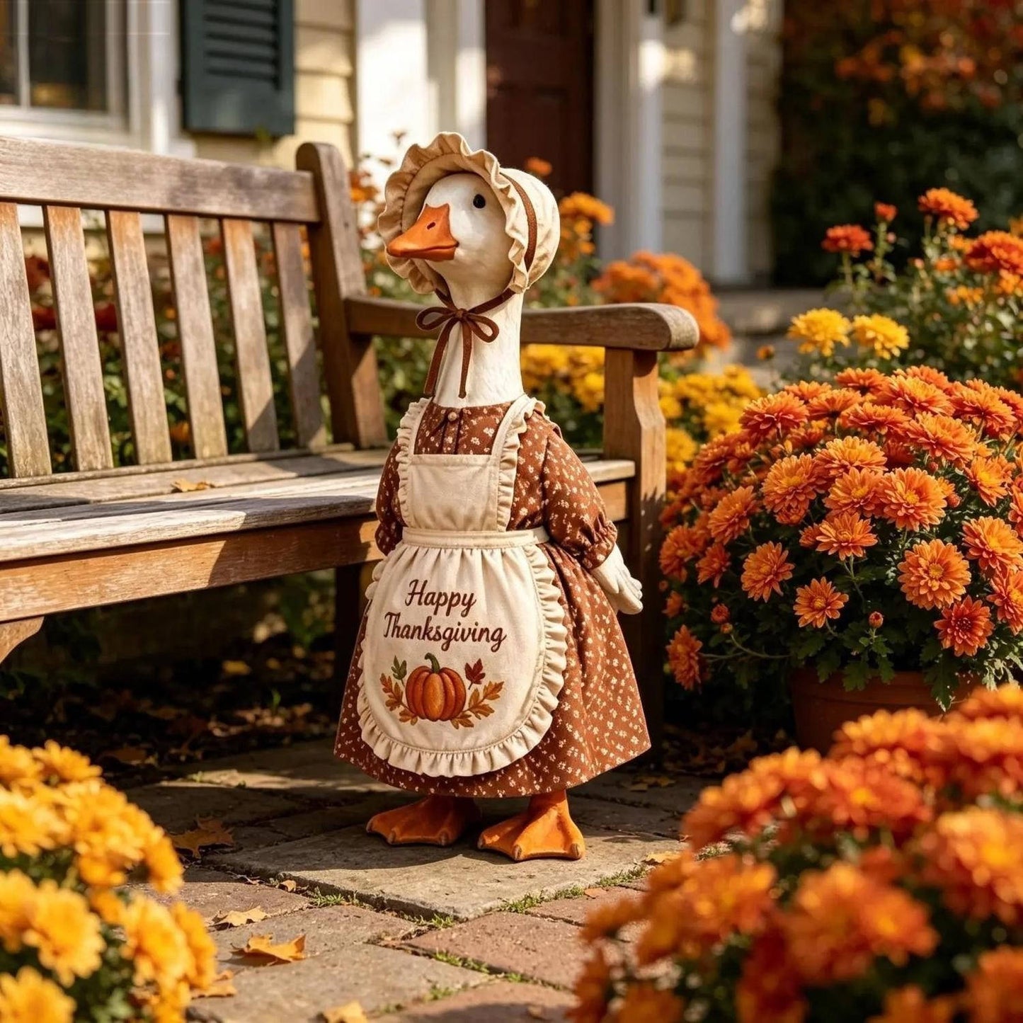 23 Inch Porch Goose Outfit Set, 2 Piece Thanksgiving Pumpkin Print Dress and Ruffled Hat for Fall Outdoor Decor