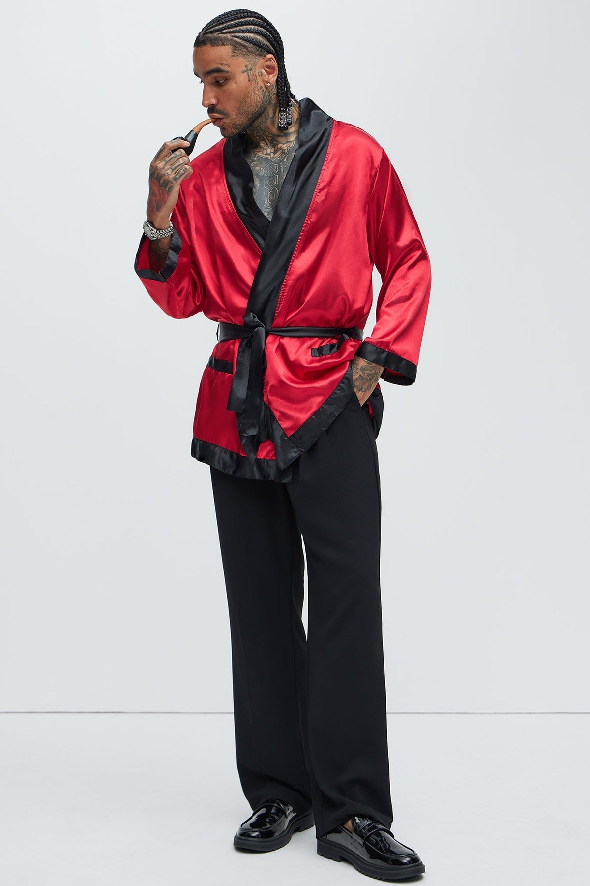Mens Smoking Robe Costume with Belt and Pipe Prop
