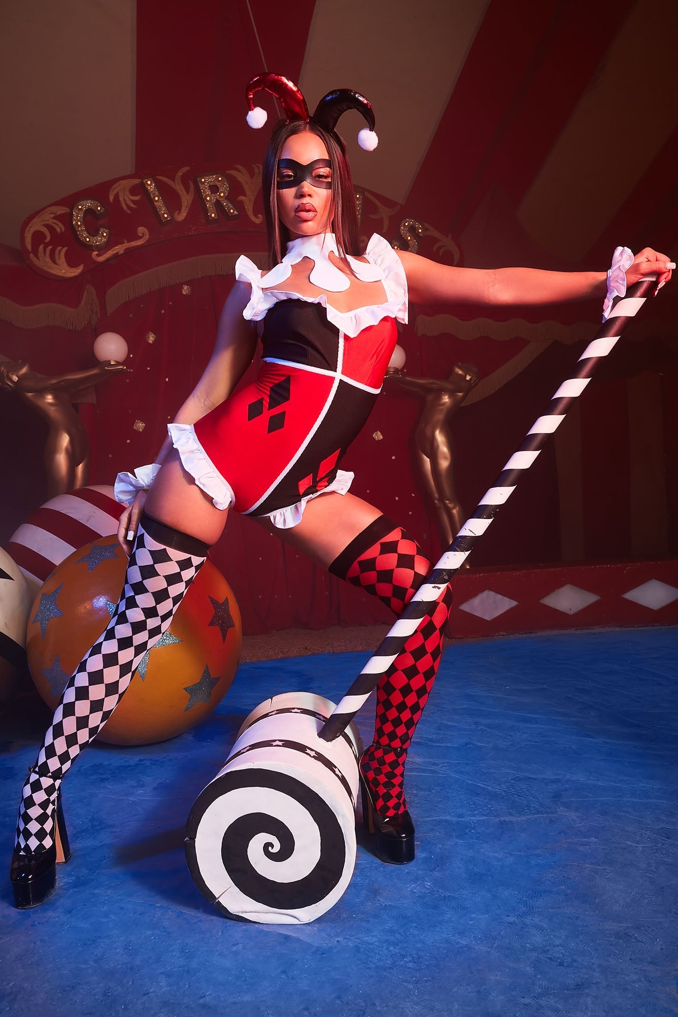 Womens Comic Villain Costume Set with Ruffle Romper and Thigh Highs