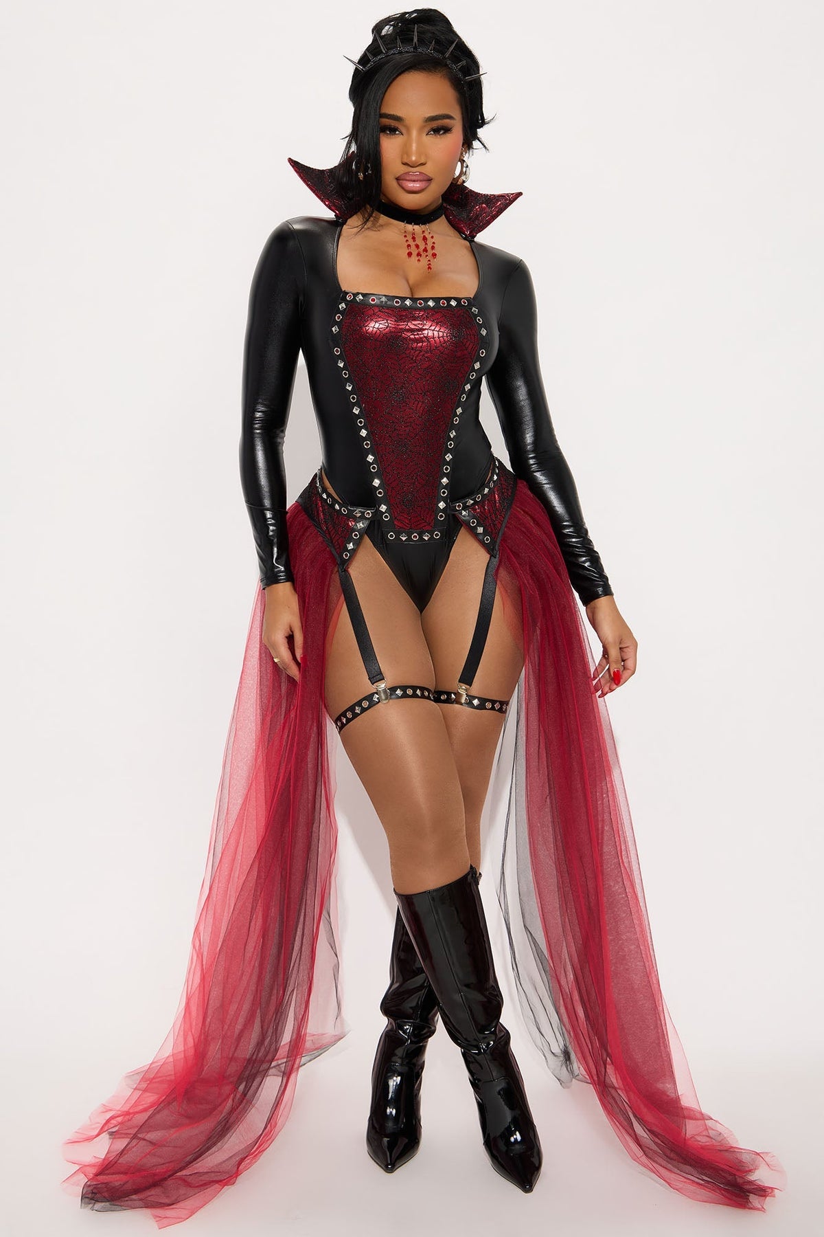Womens Vampire Queen Costume Set with Attached Skirt Romper