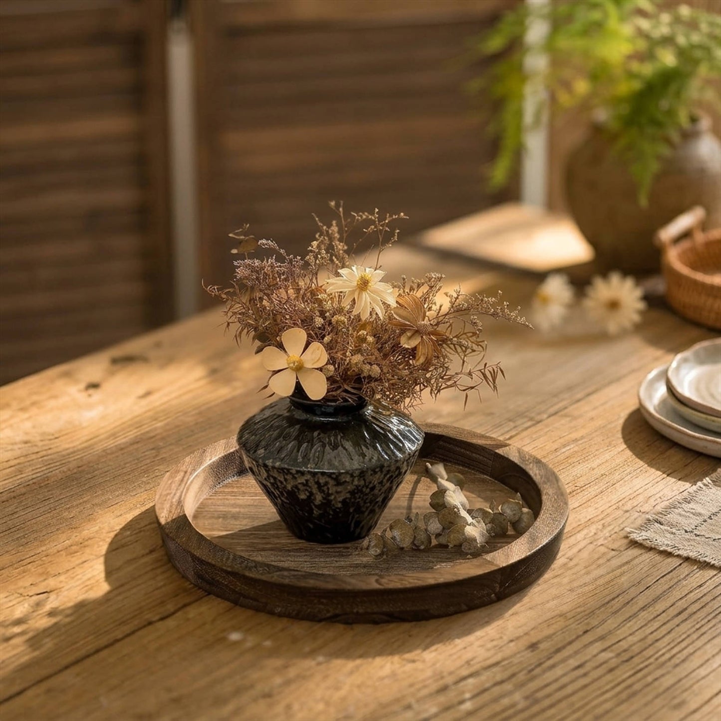 Round Wooden Candle Holder Tray, Distressed Finish Decorative Centerpiece for Coffee Table, Rustic Farmhouse Home Decor