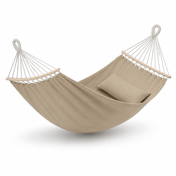 Cotton Canvas Hammock for Two with Braided Suspension Ropes and Carry
