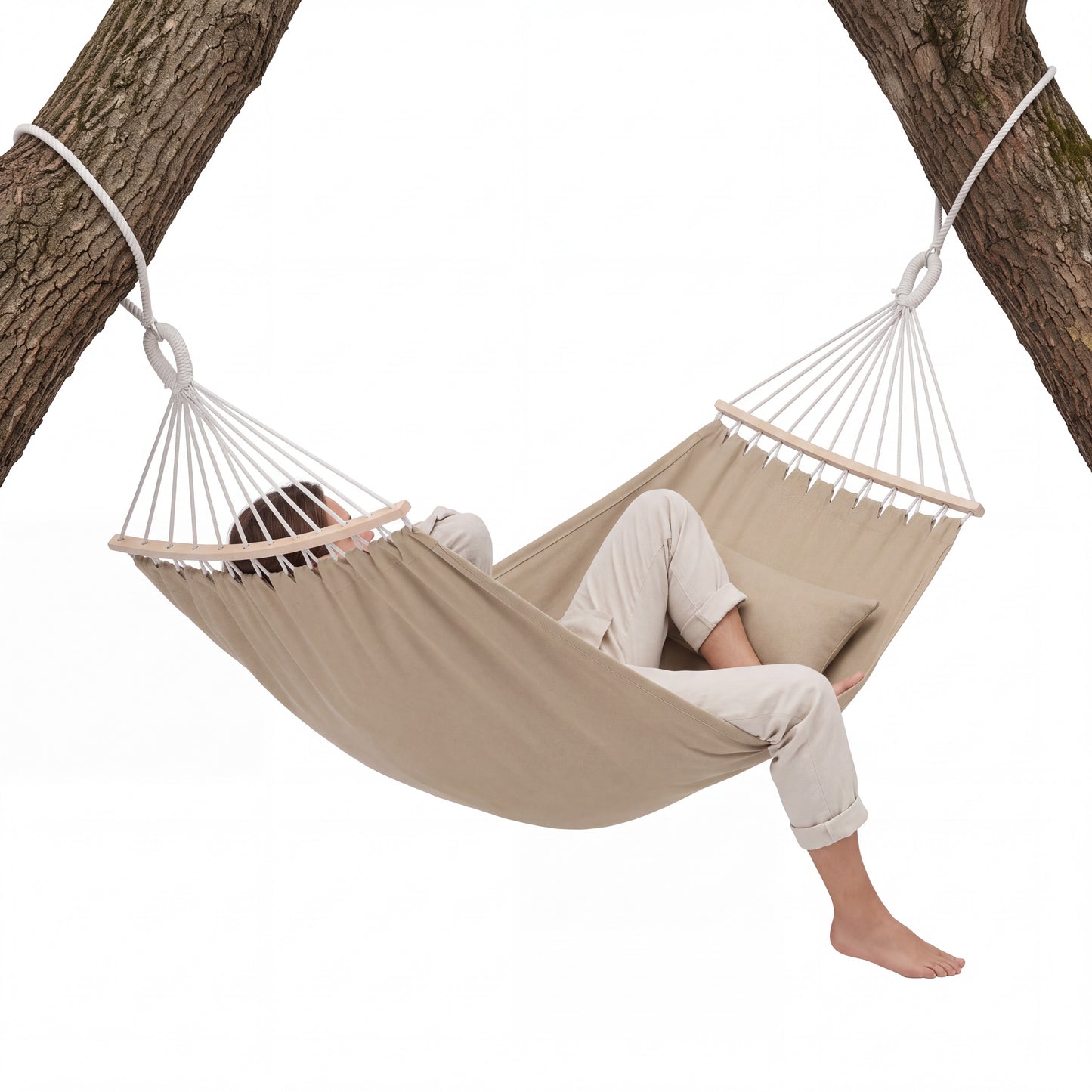 Cotton Canvas Hammock for Two with Braided Suspension Ropes and Carry Bag