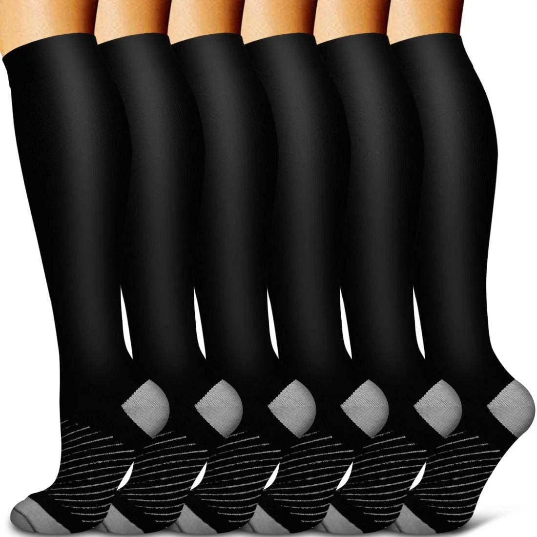 Compression Socks with Graduated Pressure and Non-Slip Cuff, 6 Pair Pack