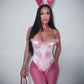 Womens Pink Bunny Costume Set with Faux Fur Trim Bodysuit and Sheer Leggings