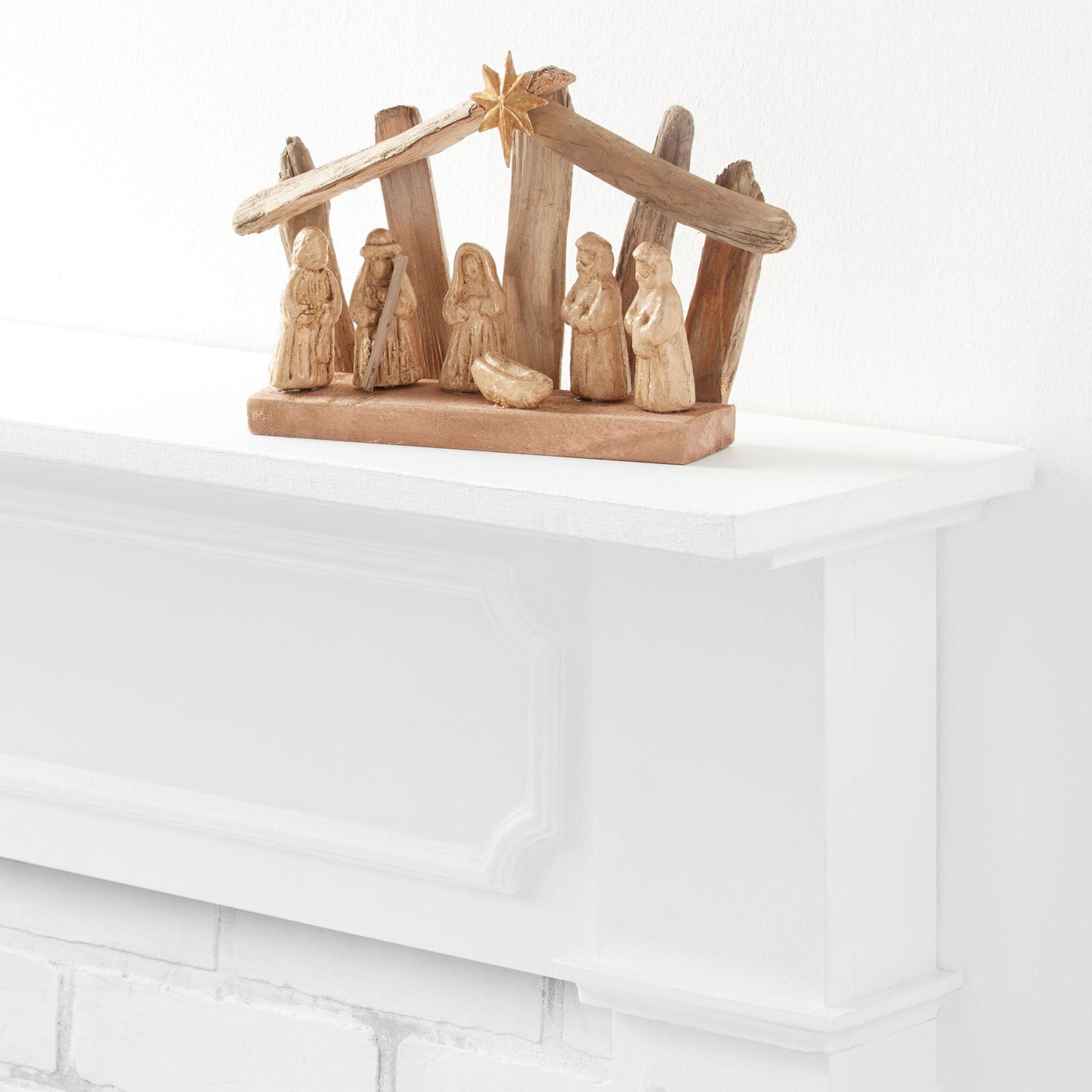 Nativity Creche Set with Driftwood Stable and Gold Washed Figures, Metal Star