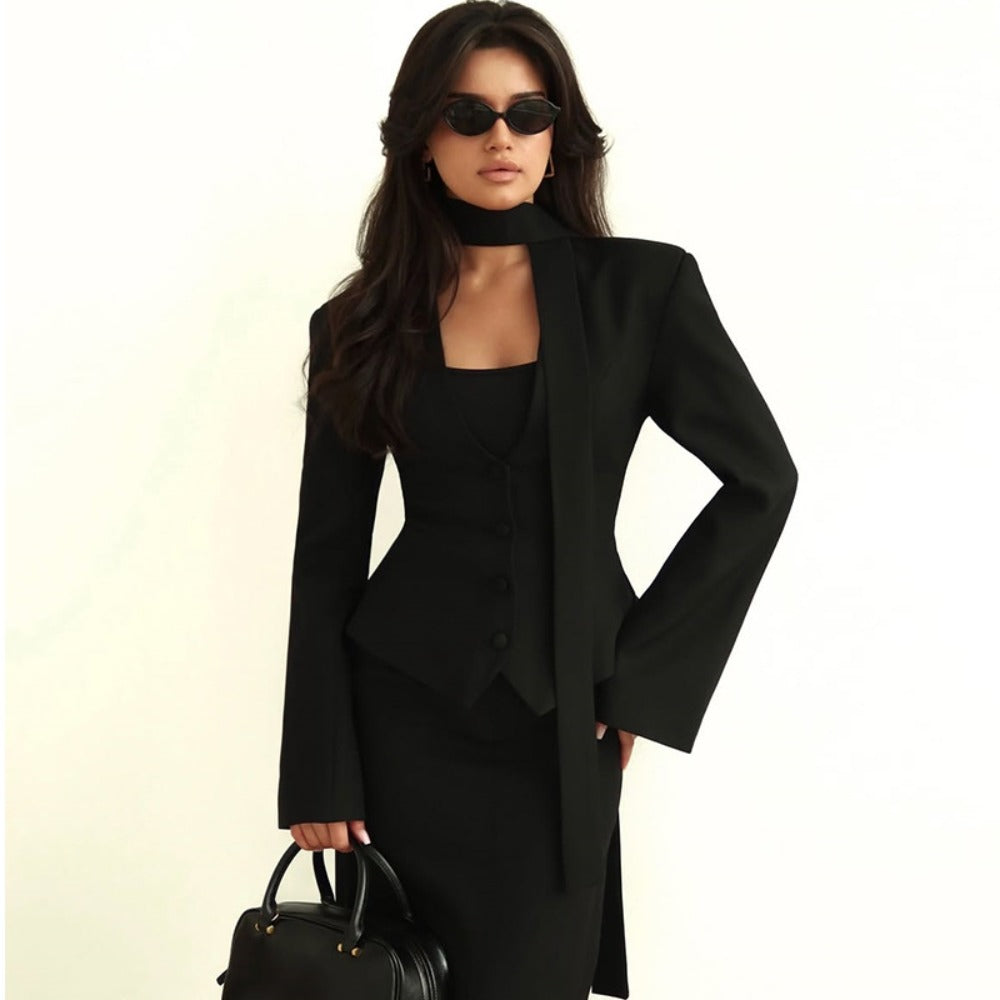Women's Long Sleeve Blazer with Attached Scarf and Tailored Fit, Single-Breasted