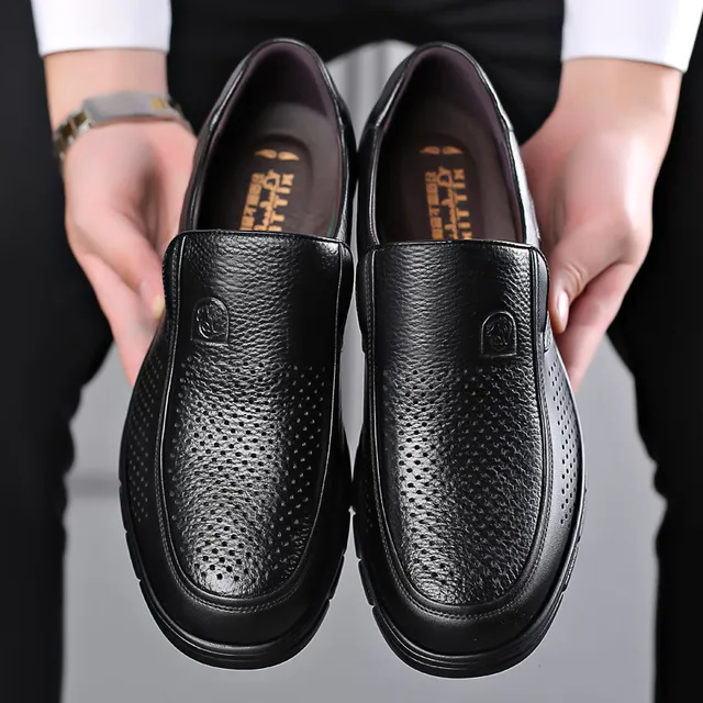 Men's Slip-On Loafers with Flat Sole and Breathable Cowhide Upper