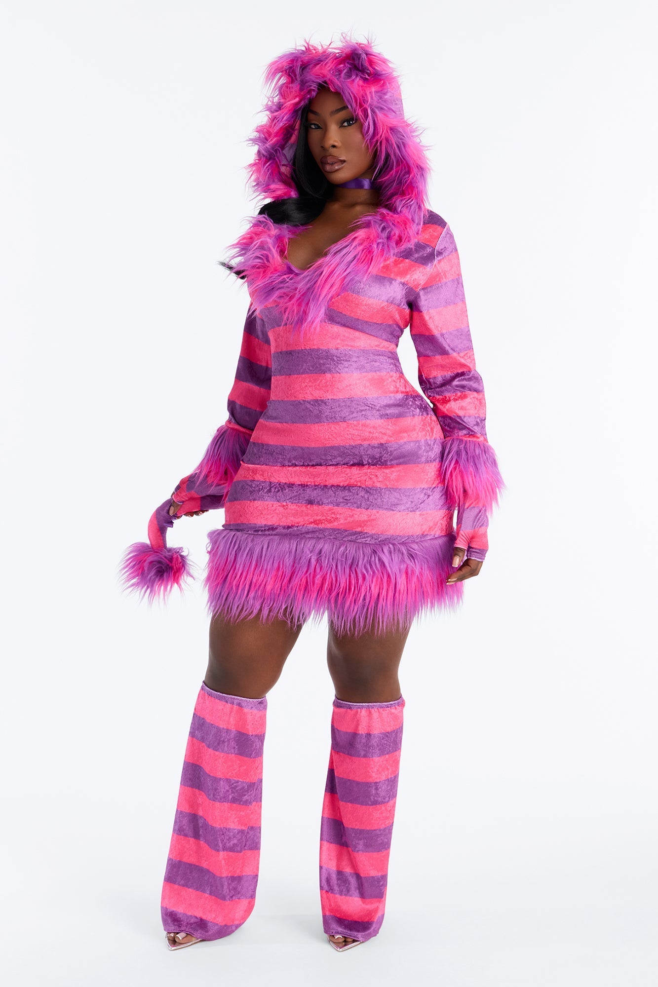 Womens Pink Kitty Costume Set with Fuzzy Hooded Dress and Leg Warmers