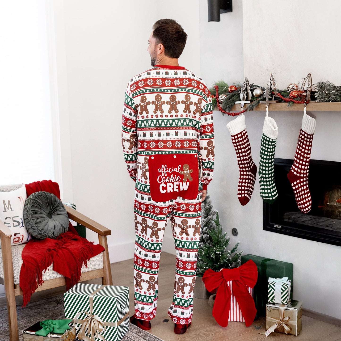 Matching Family Christmas Pajamas with Gingerbread and Tree Festive Print