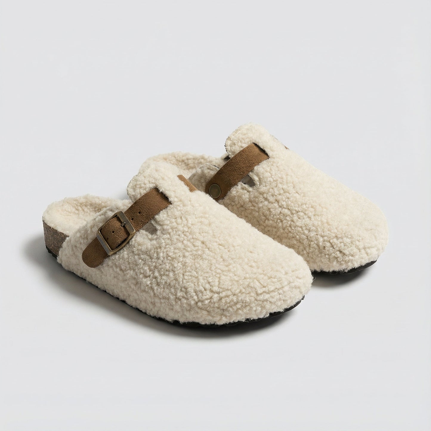 Womens Teddy Mule Slippers with Adjustable Buckle and Supportive Sole
