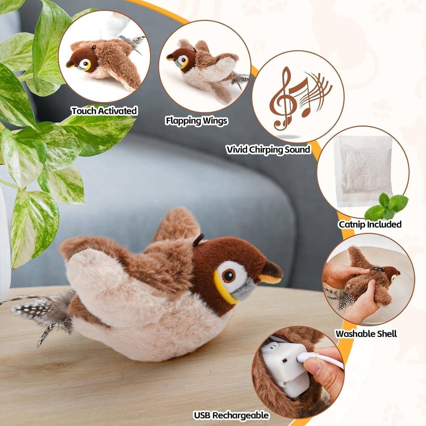 Interactive Cat Toy with Motion-Activated Chirps and USB Rechargeable, Catnip Pocket