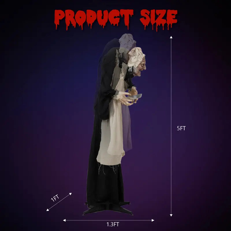 5ft Animated Halloween Figure with Sound-Activated Head Movement and Red LED Eyes, Candy Tray