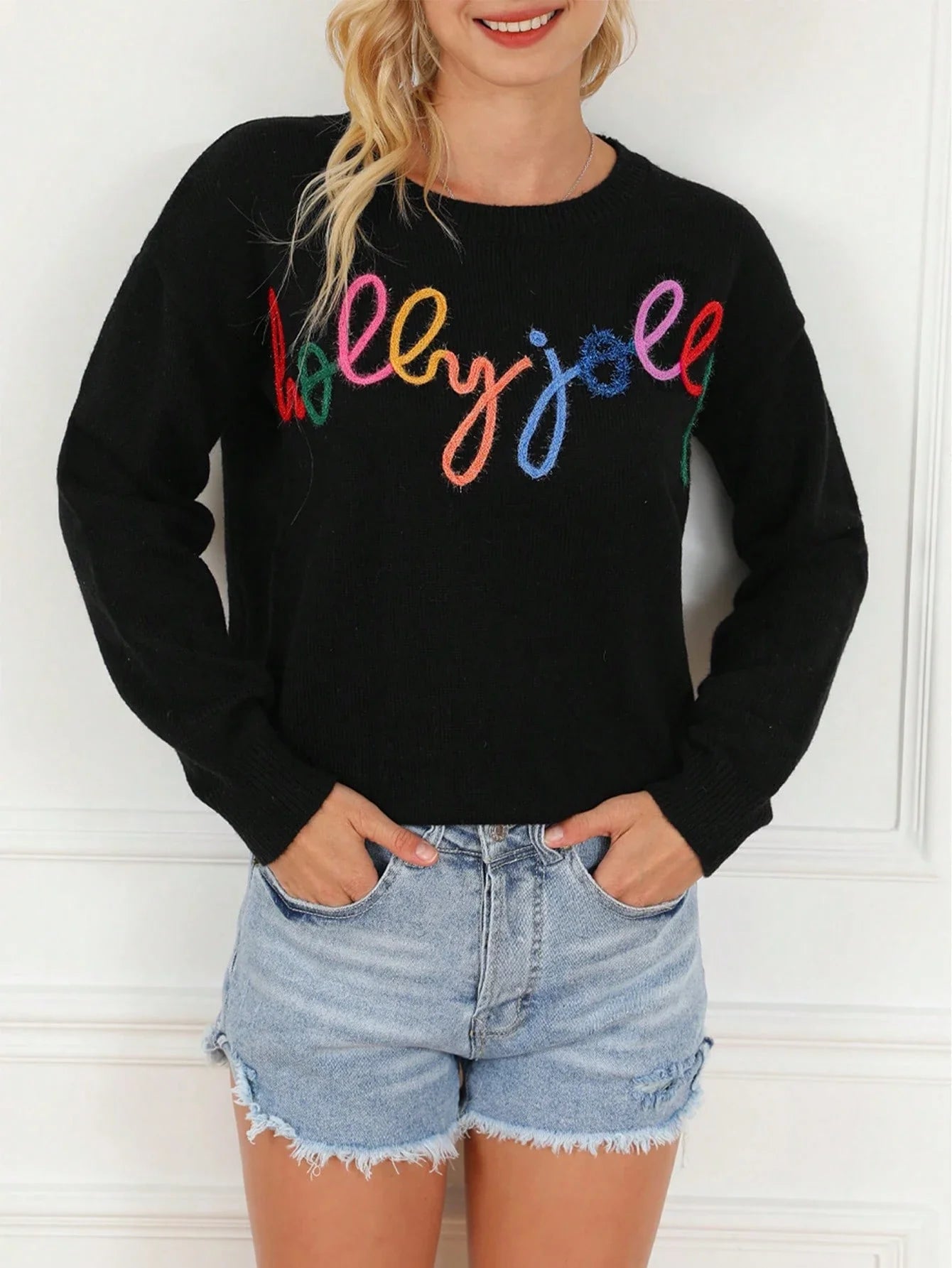 Womens Pullover with High Stretch Rib Knit and Eyelet Front Panel, Black