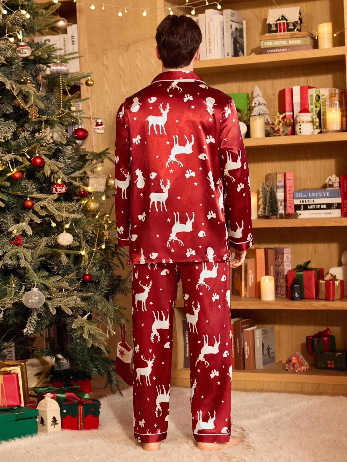 Burgundy Satin Pajama Set with Button Front Top and Loose Leg Pants