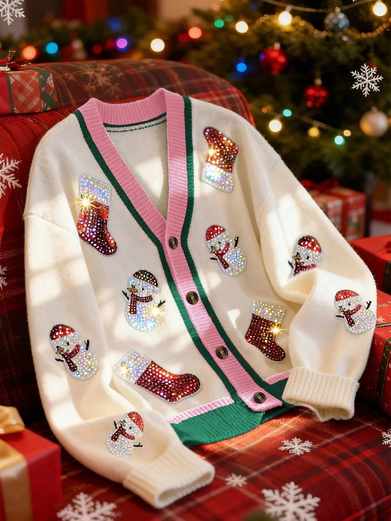 Festive Knit Cardigan with V-Neckline and Drop Shoulders, Multicolor Christmas Pattern