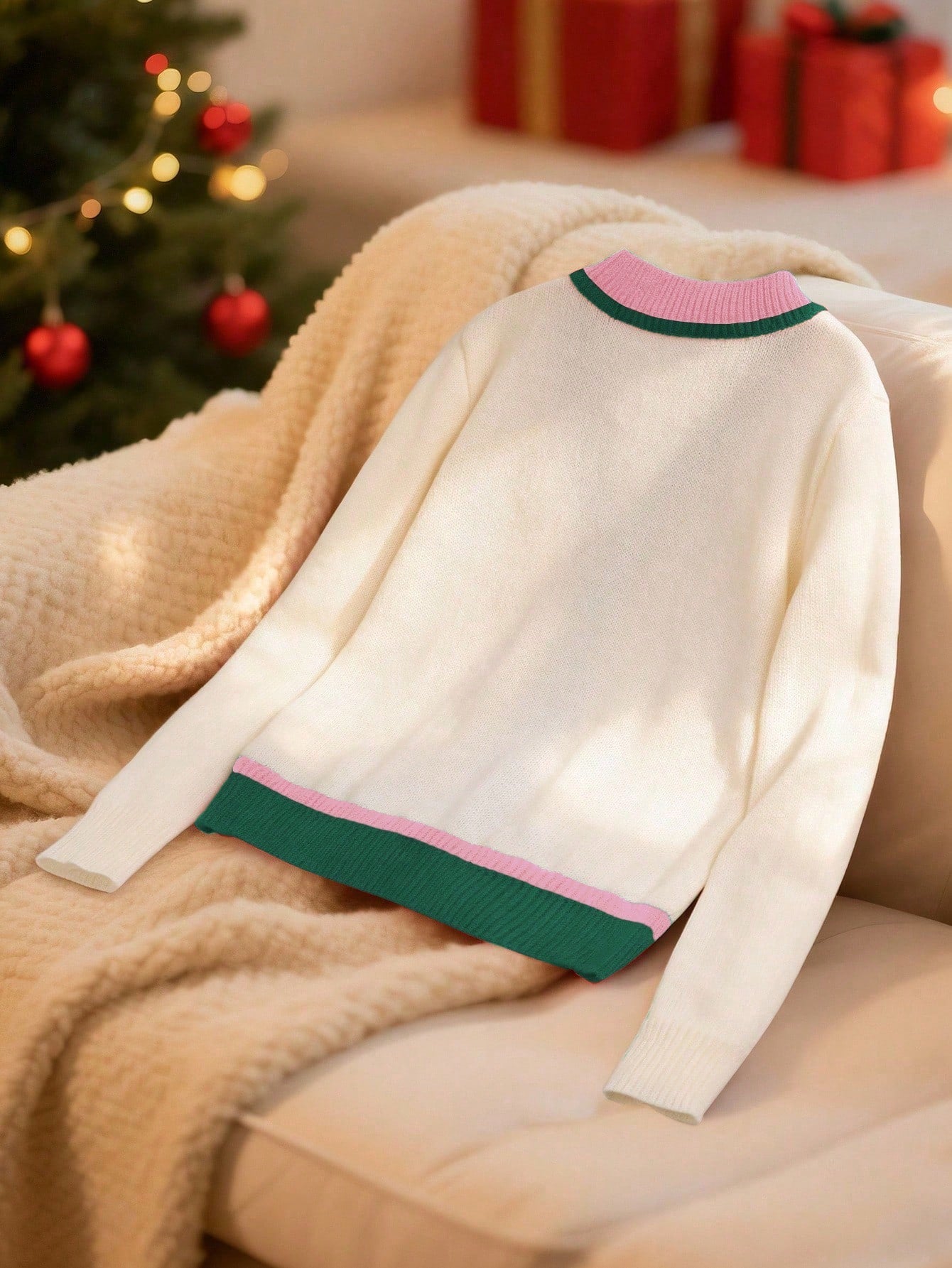 Festive Knit Cardigan with V-Neckline and Drop Shoulders, Multicolor Christmas Pattern