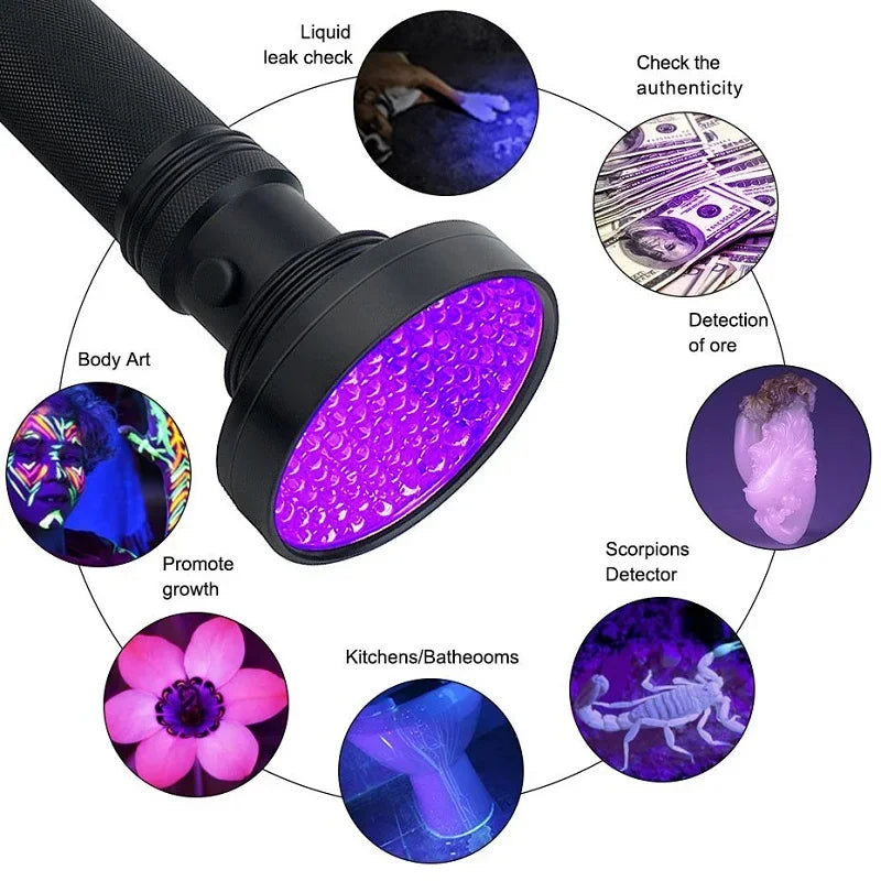 Ultraviolet Flashlight with 100 LED Array and 328ft Detection Range