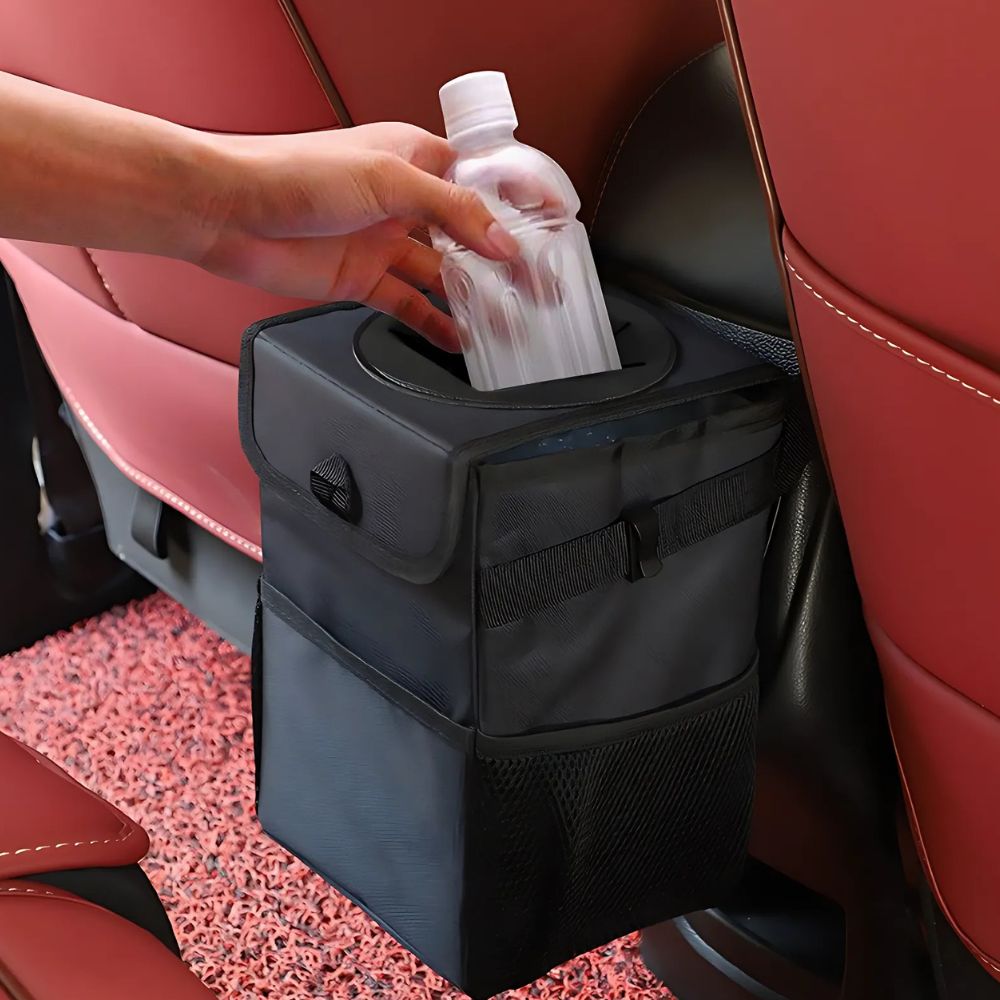 Collapsible Car Trash Bin with Waterproof Nylon and Adjustable Straps, Side Pockets