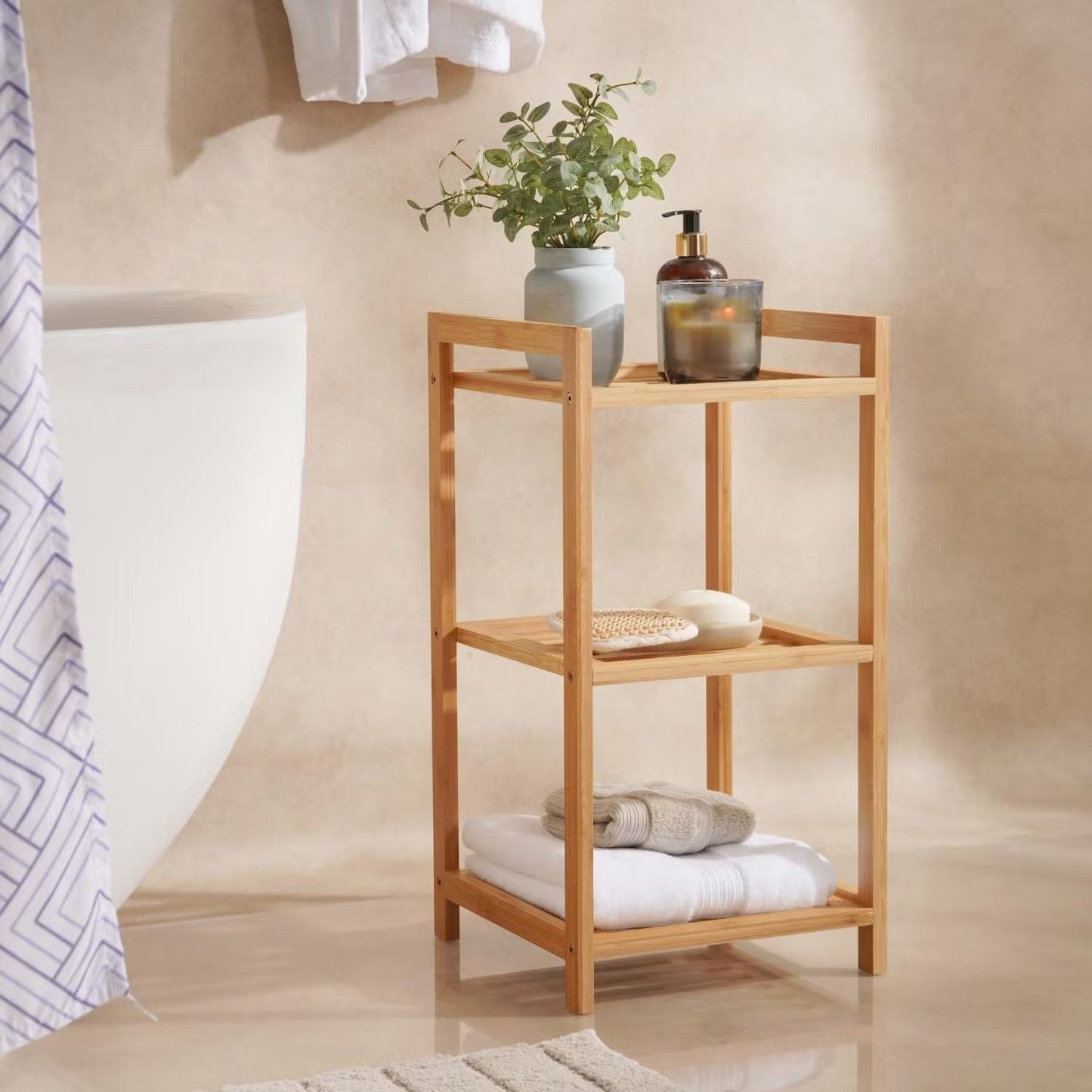 Bamboo Bath Rack with Three Open Shelves and Natural Wood Finish